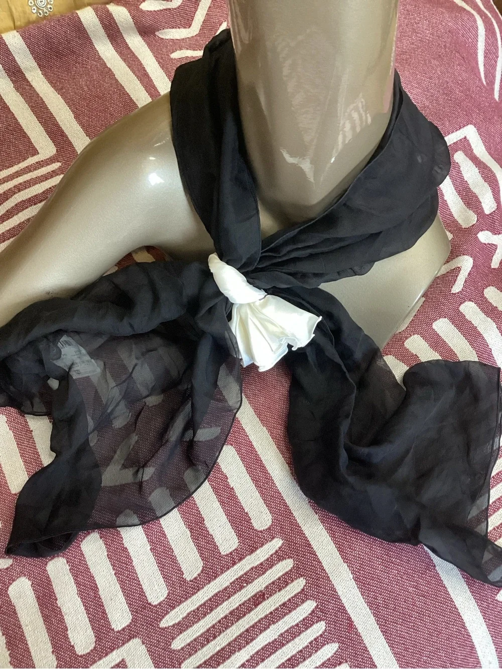 Nordstrom Black Sheer Silk Scarf with White Floral Knot Detail